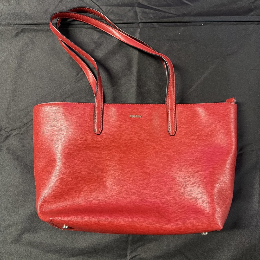 DKNY Red Tote Shoulder Bag Logo Zipper Accents Gold Hardware Designer